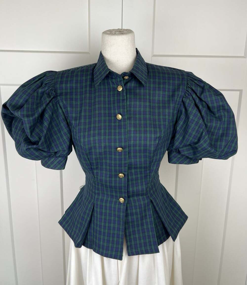 Vintage 80s Leslie Lucks Tartan Plaid Puff Sleeve Peplum Blouse Skirt Set XS - Picture 3 of 16
